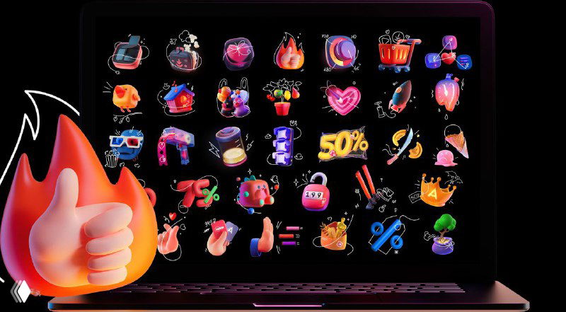 Миниатюрная виртуальная панель с множеством ярких 3D-иконок на тёмном фоне, показ масштаба набора и разнообразия символов и эмодзи.