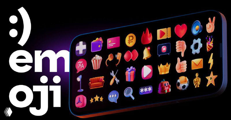 Рендер телефона с выложенными яркими 3D-эмодзи и иконками пакета IVI, подчёркнутый контрастом и неоновыми отблесками на корпусе устройства.