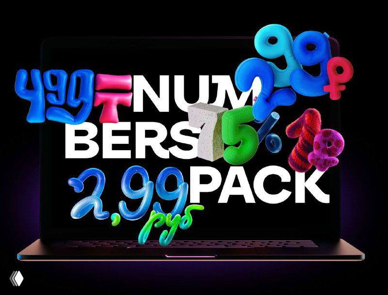 Яркий ноутбук на тёмном фоне с раскладкой разноцветных 3D-цифр и иконок пакета, демонстрация числовых и промо-элементов дизайна.