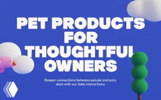 Синий рекламный баннер айдентики Omlet с крупным белым заголовком «PET PRODUCTS FOR THOUGHTFUL OWNERS», мягкими округлыми 3D‑формами и чистым фоном в кампании