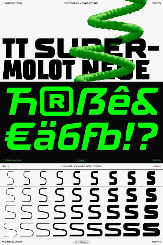 Превью гарнитуры TT Supermolot Neue: макет с крупными образцами глифов, альтернатив и вариативного начертания на контрастном чёрно‑зелёном фоне