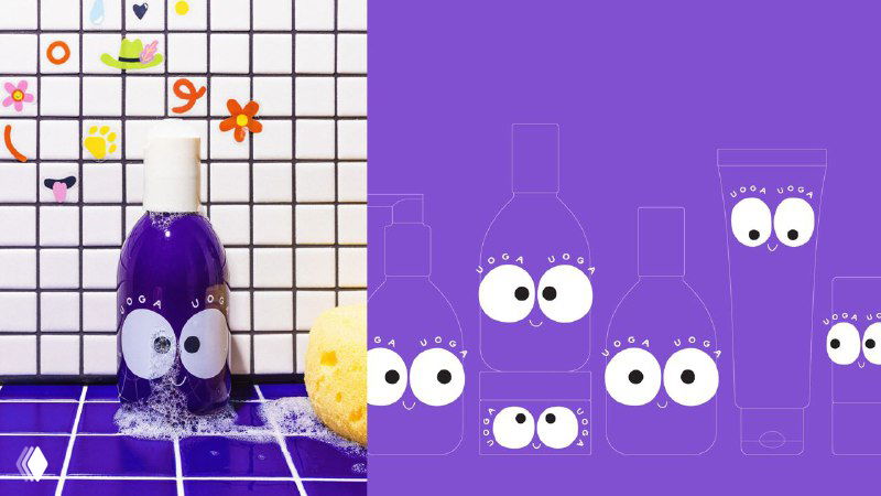 Композиция упаковок Uoga Uoga и эскизные иллюстрации на фиолетовом фоне, показывающие разные варианты расположения глаз и силуэтов флаконов.