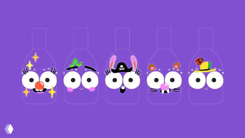 Ряд концепт-этикеток на фиолетовом фоне — разные эмоции и персонажи с глазами для линейки детской косметики Uoga Uoga.
