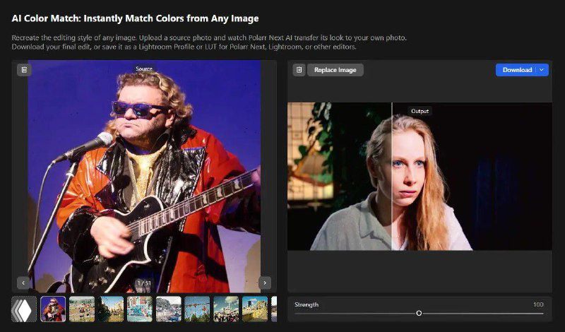 Скриншот веб-интерфейса AI Color Match: превью «до/после» обработки портрета, настройки цветокоррекции и экспорт LUT‑профиля.