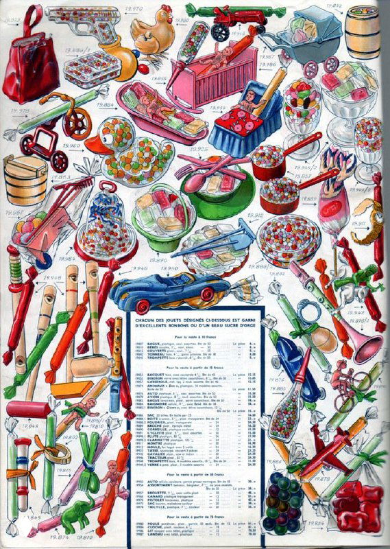 Яркая разворотная страница каталога с деревянными и пластмассовыми игрушками, наборами и аксессуарами; детализированные акварельные иллюстрации и пометки цен.