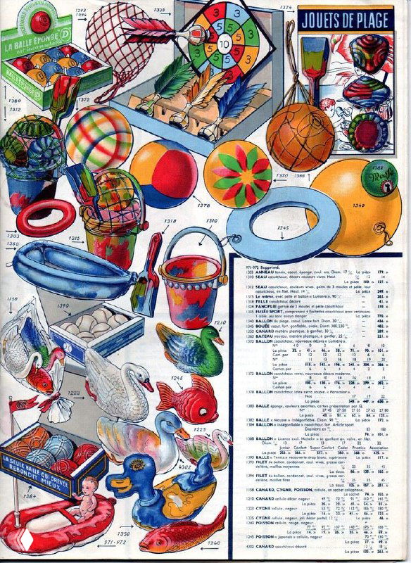 Страница каталога с пляжными и летними игрушками: мячи, надувные круги, ведерки и резиновые фигурки рядом с таблицей ассортимента и цен.