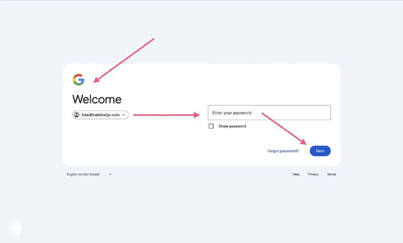 Скриншот экрана входа с полем логина, стрелками и аннотациями, выделяющими разные элементы интерфейса — пример хаотичного паттерна «пинбол».