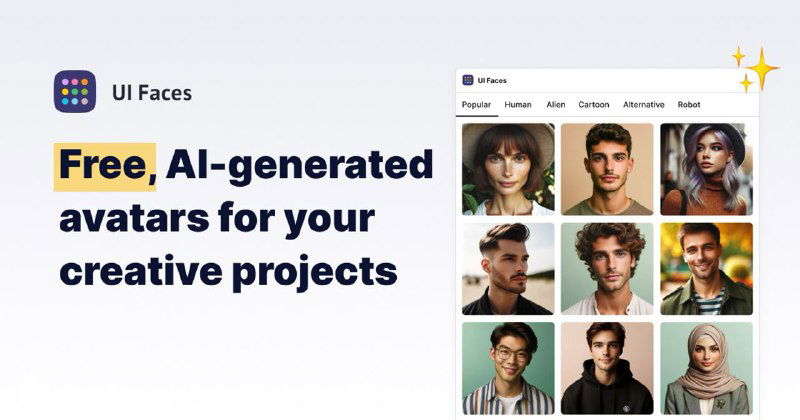 Превью UI Faces — промо-баннер с сеткой сгенерированных лиц для аватарок в разных стилях и примерами интерфейса сервиса.