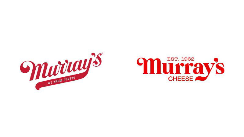 Два варианта логотипа Murray’s в красном: рукописный и классический засечный шрифт на белом фоне, оформлены как пример ребрендинга сети.