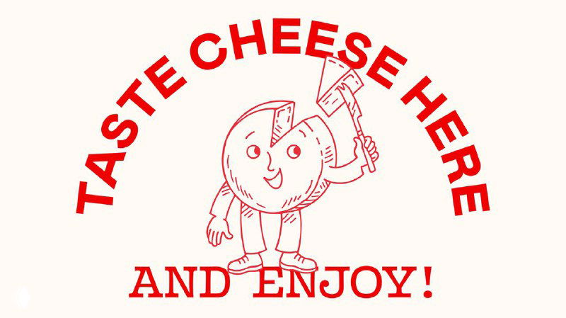 Ретро-иллюстрация персонажа — головы сыра с улыбкой, стилизованная под винтажную рекламу с надписью 'Taste cheese here and enjoy' в красном цвете.