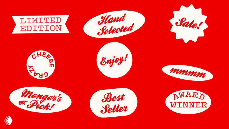 Коллекция круглых стикеров и значков с ретро-надписями 'Limited Edition', 'Hand Selected', 'Sale' в красно-белой гамме, элементы айдентики.