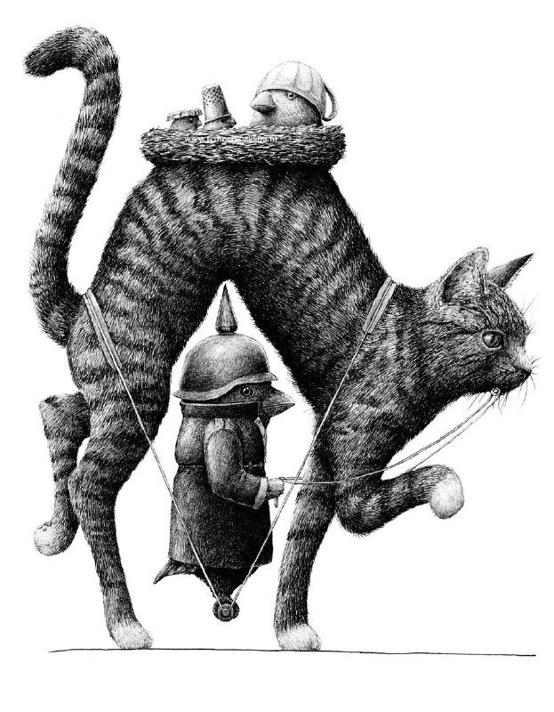 Чёрно‑белая работа Редмера Хёкстра: большая кошка несёт миниатюрного воина и экипировку, стилизованную под крошечную сцену.
