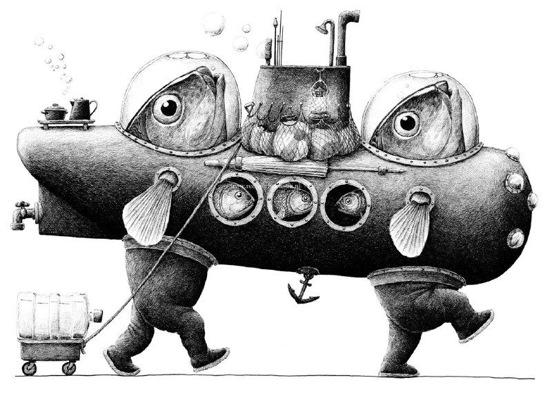 Чёрно‑белая иллюстрация Редмера Хёкстра: подводное существо на ногах с ретро‑механикой и окошками и антеннами.