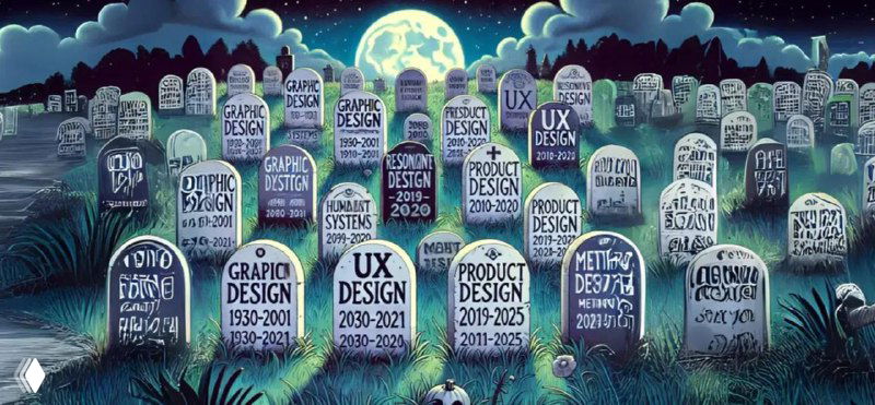Иллюстрация: стилизованное кладбище с надгробиями, на которых написаны направления дизайна (UX, graphic design и др.), символизирующее «смерть дизайна».