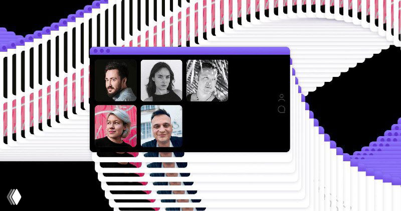 Иллюстративная композиция: шесть мини-портретов в тёмном прямоугольнике на абстрактном волнистом фоне с бело-пурпурными элементами