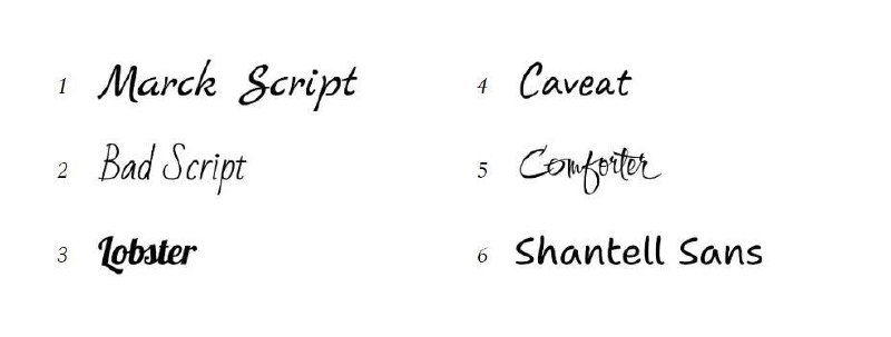 Образцы рукописных шрифтов из подборки Google Fonts: Marck Script, Bad Script, Lobster, Pacifico, Caveat, Comforter и Shantell Sans в виде компактного листа примеров.