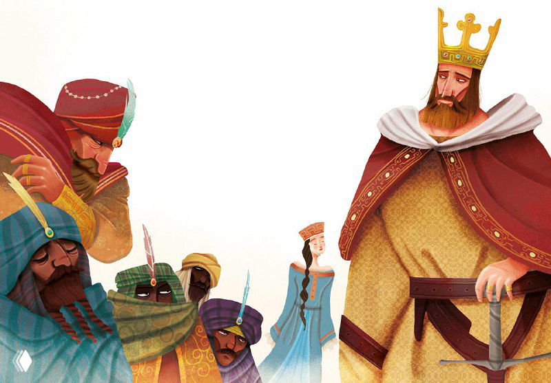 Иллюстрация из книги: король с короной на троне и персонажи в народных одеждах, акцент на выражениях лиц и колористике сцены.