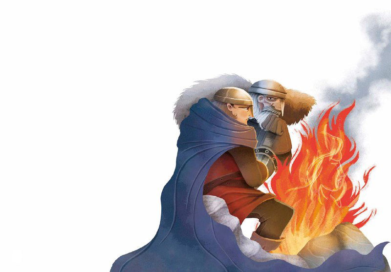 Иллюстрация дети у костра: двое героев в плащах согреваются у пламени, мягкая палитра и эмоциональная сценография.