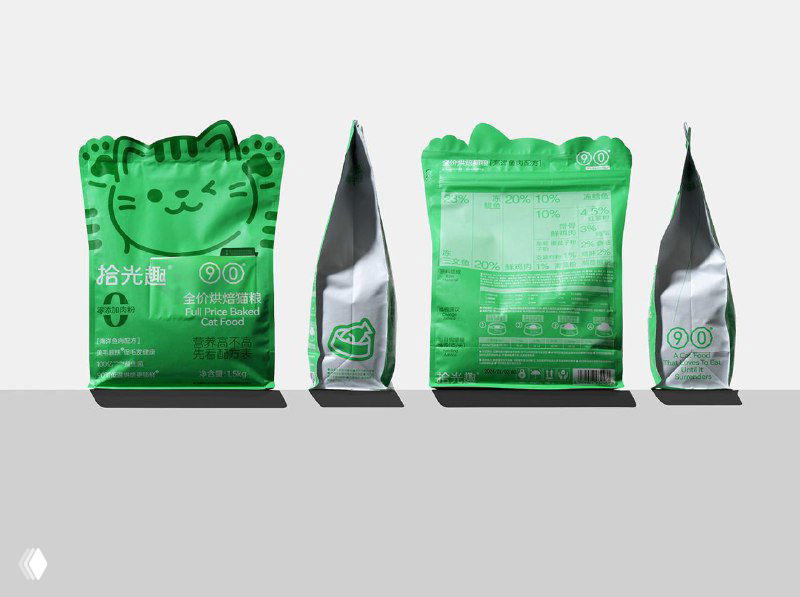 Несколько пакетов корма в форме кота: фронтальный и боковые ракурсы на светлом фоне, видно конструкцию и шов