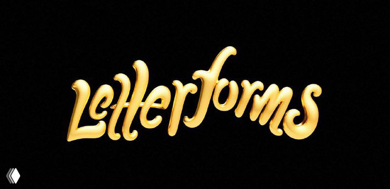 Объёмный 3D-леттеринг «Letterforms» золотистого оттенка на чёрном фоне; стиль Katt Phatt, блестящая фактура.