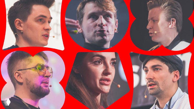 Коллаж из шести портретов спикеров на красном фоне: мужчины и женщины во время выступлений, серьезные и выразительные крупные планы.