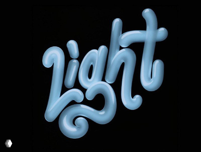 3D-леттеринг «Light» голубого цвета с плавными закрученными формами на тёмном фоне; автор Katt Phatt, мягкий объём.
