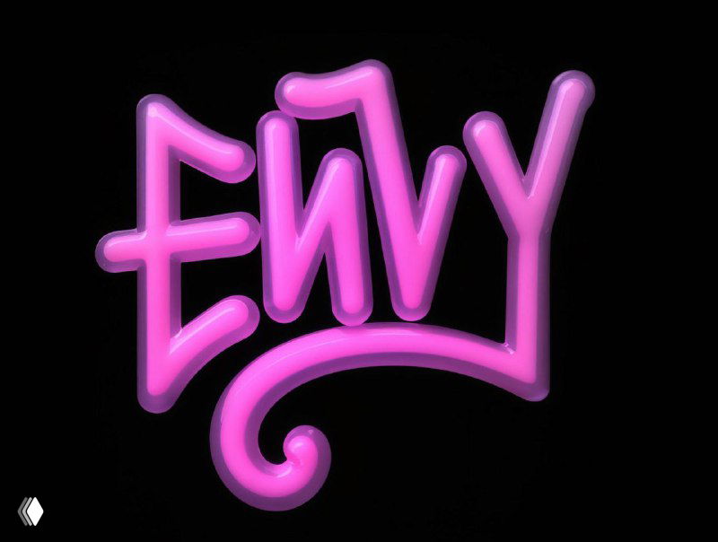 Неоновый 3D-леттеринг «Envy» розово-пурпурного оттенка на чёрном фоне; выразительная форма и глубокая тень.