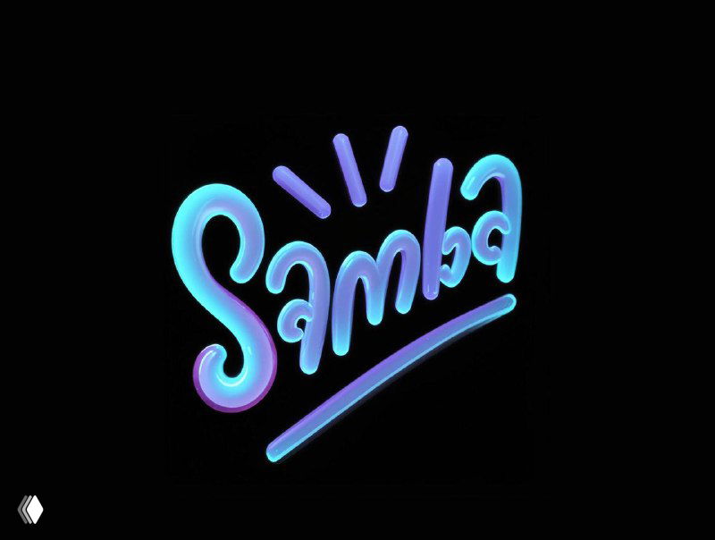 3D-леттеринг «Samba» с бирюзово-фиолетным градиентом на чёрном фоне; игривый стиль и подчёркнутый объём.