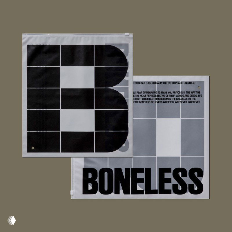 Постер и разворот с сеткой модульной буквы «B» и надписью BONELESS; чёрно‑серый контраст и примеры печатного оформления.