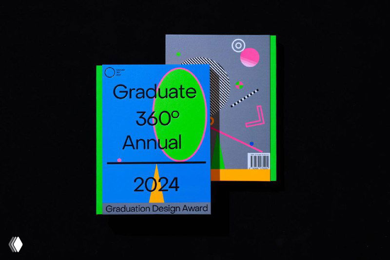 Два экземпляра Graduate360 2024 на чёрном фоне: передняя неоново-синяя обложка с геометрическими элементами и зелёной окантовкой, видна оборотная обложка.