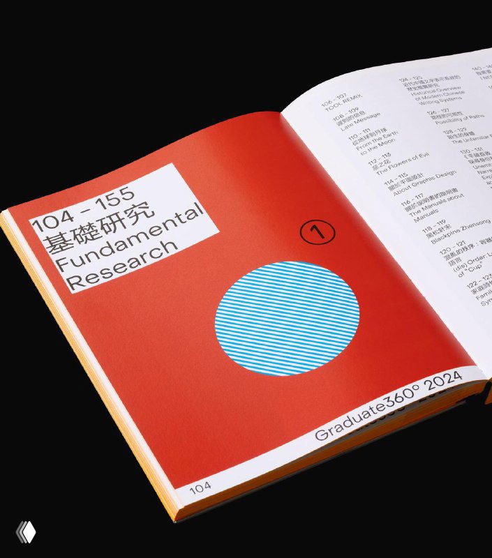 Разворот книги Graduate360: яркая красная внутренняя страница с белой табличкой 'Fundamental Research' и графическим голубым кругом, видна верстка и номер страницы.