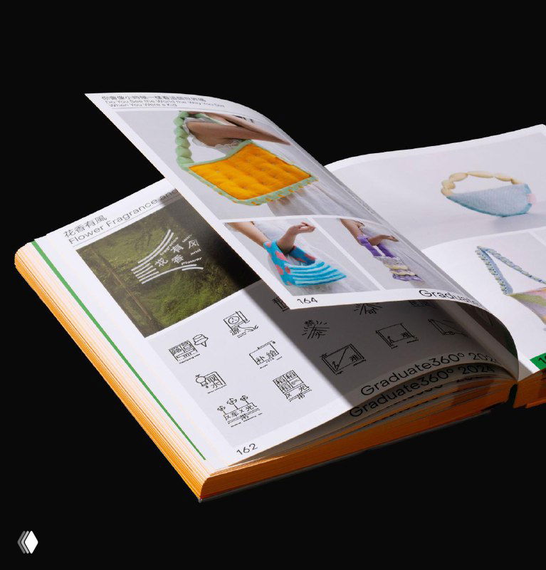 Открытый разворот с множеством миниатюр работ и пиктограмм: страницы заполнены фотографиями, схемами и макетами, на фото заметны насыщенные цвета и оранжевые торцы.