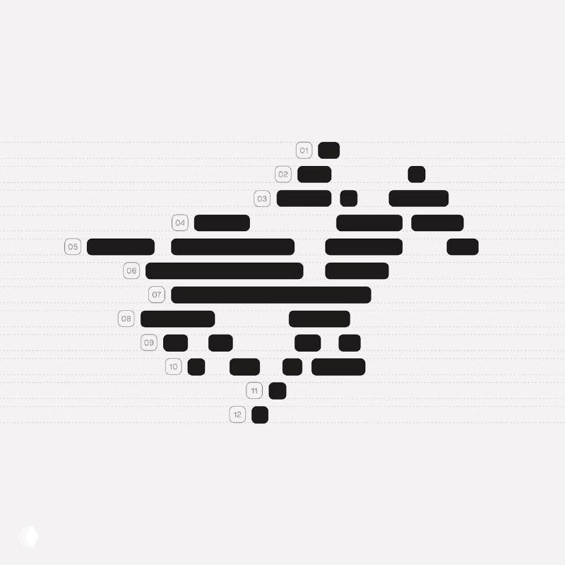 Чёрные округлые блоки, складывающиеся в пиктограмму — схематичное отображение структуры визуального языка бренда TwelveLabs в монохроме.