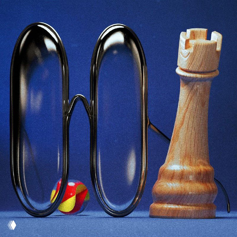 Сюрреалистическая натюрморт-композиция: большие очки, шахматная ладья и маленький разноцветный шар на синем фоне — игра несоответствий и масштаба.