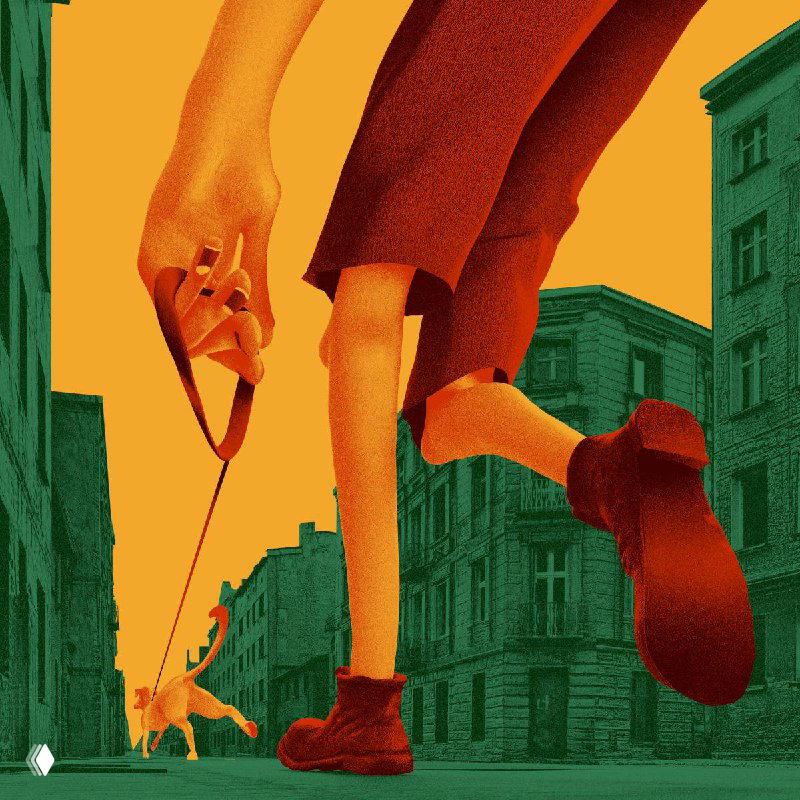 Фигурная иллюстрация шагающего персонажа с поводком и собакой на контрастном зелёно-оранжевом фоне — стилизация городского сюрреализма.