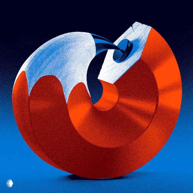 Абстрактная красно-оранжевая спиральная форма на синем фоне — трёхмерная скульптурная иллюстрация в сюрреалистическом и графическом стиле.