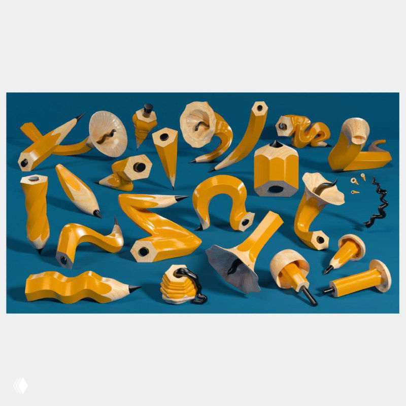 Панно из жёлтых изогнутых элементов и карандашных наконечников на бирюзовом фоне — декоративный набор форм и текстур в сюрреалистической подаче.