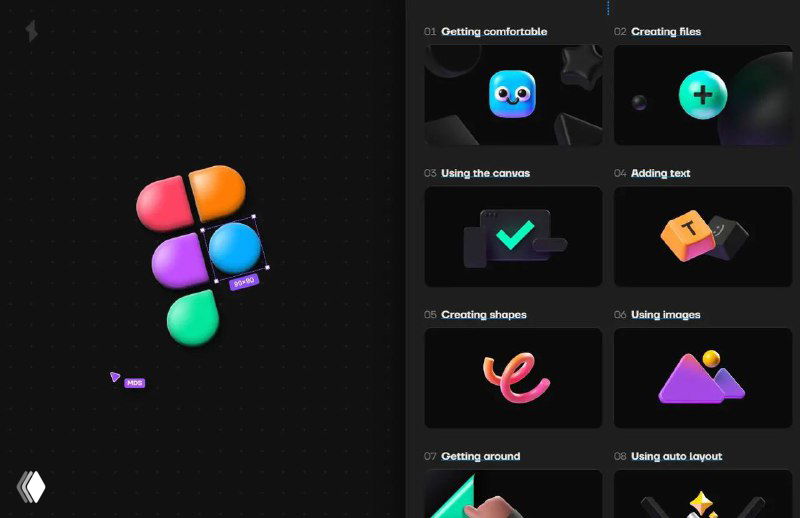 Стилизованный логотип Figma на тёмном фоне с сеткой мини‑иконок и элементов интерфейса — превью для часового курса «Figma 101», визуал курса