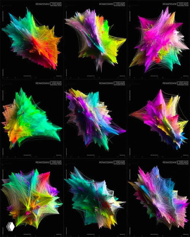 Цветная 3D-абстрактная визуализация данных: яркие точечные и волнистые формы, отражающие частотность слов эпохи Возрождения.