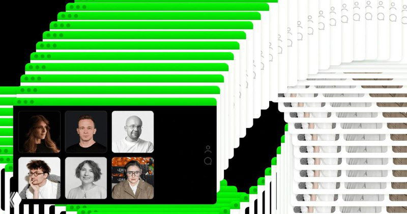 Коллаж-обложка для материала о трудоустройстве дизайнеров: мини-портреты героев статьи на чёрном фоне и абстрактные зелёные графические элементы, символизирующие процесс отбора и портфолио.