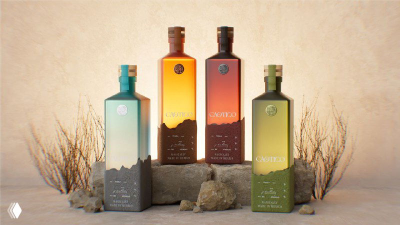 Четыре варианта упаковки Caotico в ряд: бирюзовый, оранжевый, розовый и зелёный, с рельефной нижней частью и орнаментом в виде гор.