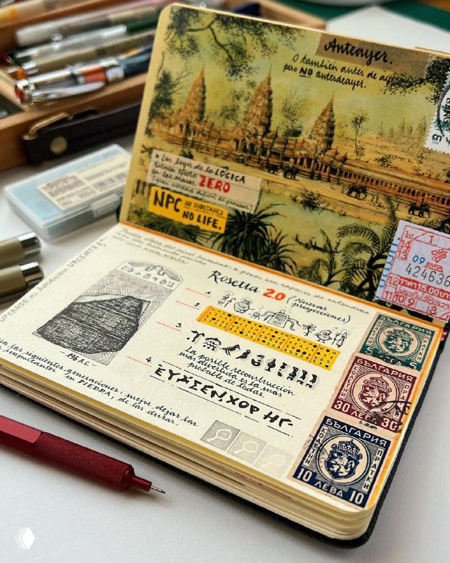 Развёрнутый тревел-скетчбук с винтажными марками и коллажами, аккуратными рукописными заметками и тонкими чернильными зарисовками на столе рядом с ручками.