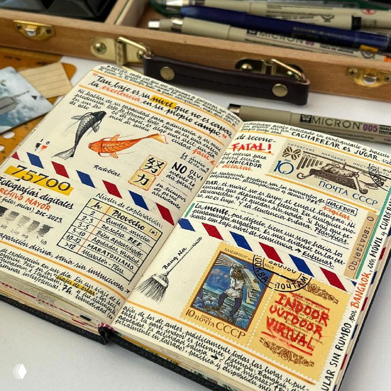 Двойная развёртка скетчбука с плотным текстом, схемами и небольшими иллюстрациями; заметно использование каллиграфии и цветных вставок рядом с инструментами художника.