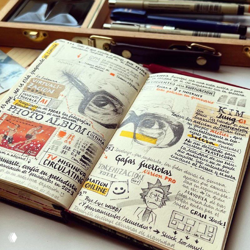 Страница скетчбука с миксированными элементами: фотографии, оттиски, иллюстрации и фрагменты печатного текста, оформленные в стиле личного дневника путешественника.