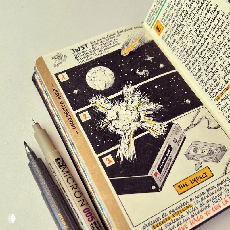 Чёрно-белая графическая вставка в скетчбуке: детализированная космическая или техническая сцена, выполненная тушью и дополненная подписанными блоками текста.