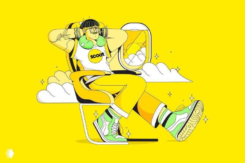 Яркая шейповая иллюстрация в корпоративных жёлтых тонах: расслабленный персонаж в наушниках и футболке с логотипом Scoot на стуле, минималистичный фон.