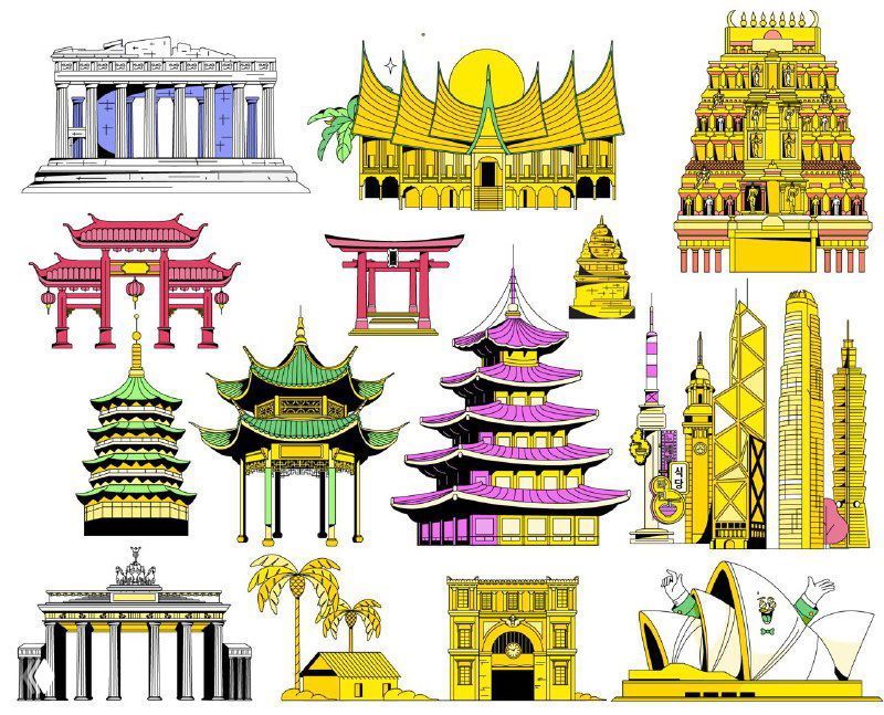 Набор архитектурных иконок разных стран в иллюстративном шейповом стиле: храмы, башни и декоративные мотивы выполнены в жёлто‑розовой палитре.