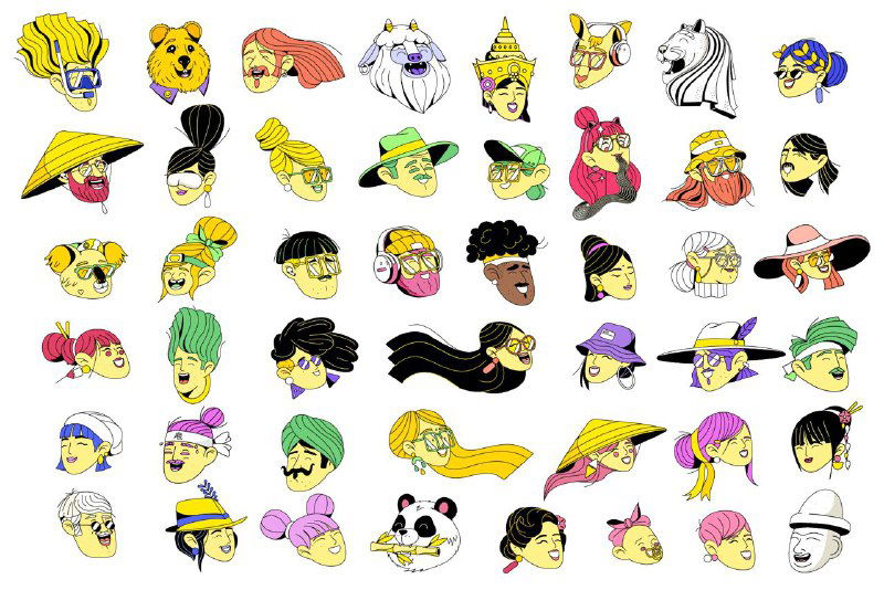 Сет маленьких шейповых портретов и персонажей: разнообразие лиц и головных уборов, передающее культурное разнообразие и стилистическую единство кампании.