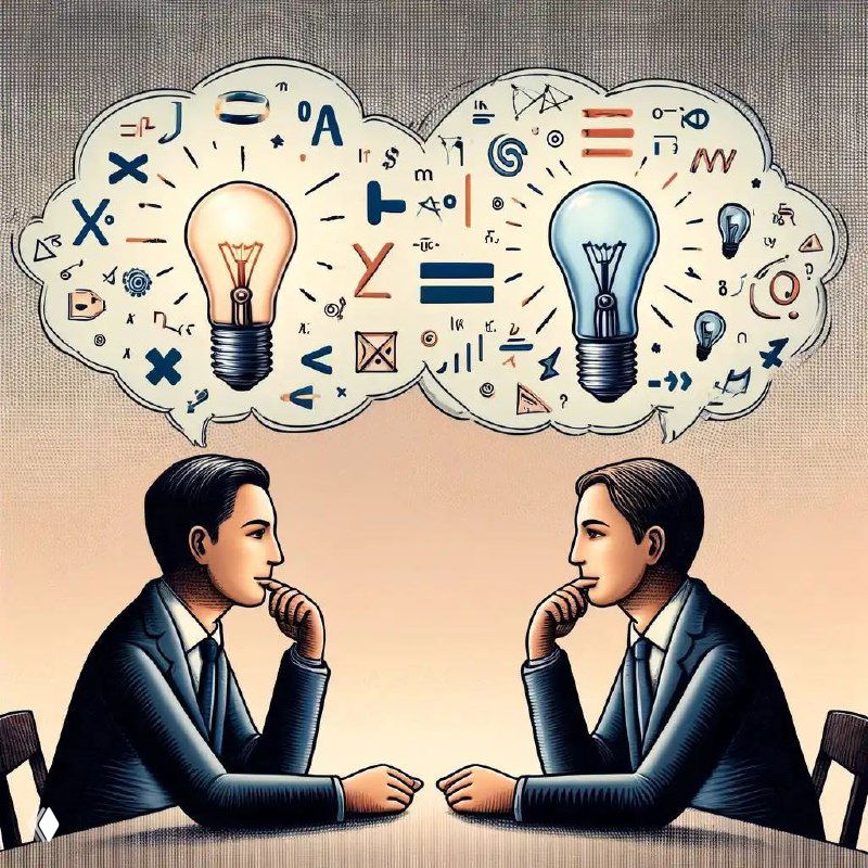 Двое мужчин в костюмах сидят лицом друг к другу; над ними облака мыслей с лампочками и знаками — метафора спора и аргументов.