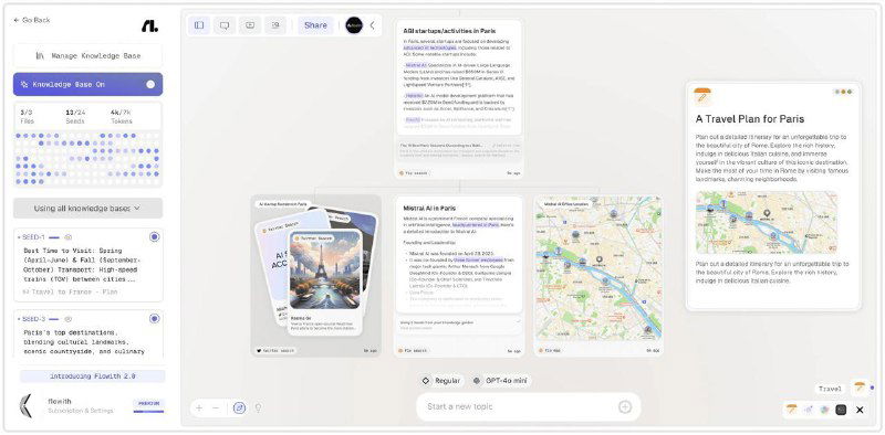Интерфейс Flowith: холст с карточками, блоками и связями, видны превью мобильного вида и карта — демонстрация визуального рабочего пространства для проектов.